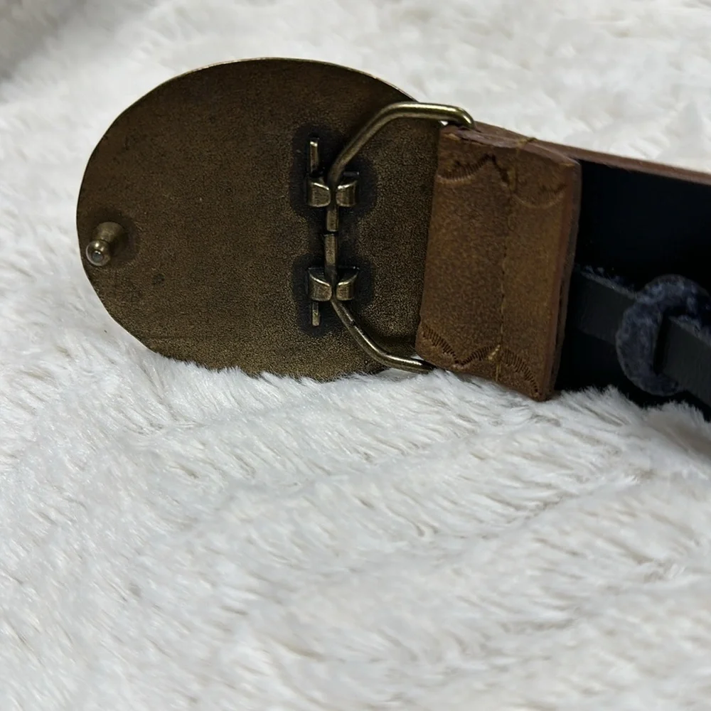Vegan leather belt with flower cutouts and oval brass buckle w/ tiny stones XL